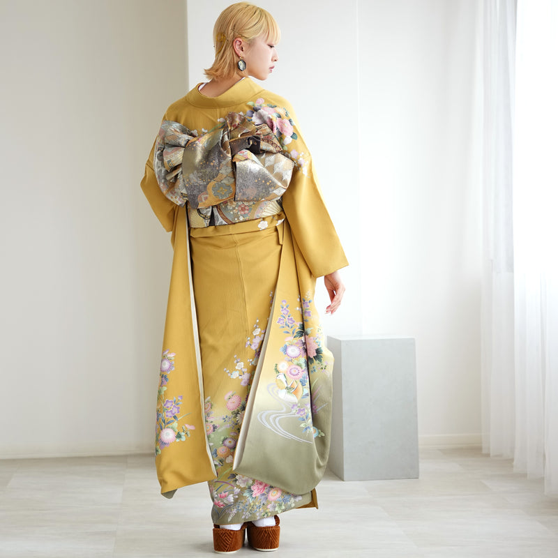 【レンタル】振袖 着物セット アンティーク正絹着物+正絹袋帯 成人式  晴れ着 記念撮影 往復送料無料 マスタードと若草ぼかし（1000617100）