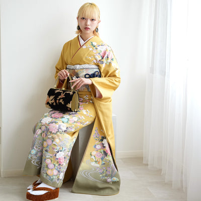 【レンタル】振袖 着物セット アンティーク正絹着物+正絹袋帯 成人式  晴れ着 記念撮影 往復送料無料 マスタードと若草ぼかし（1000617100）