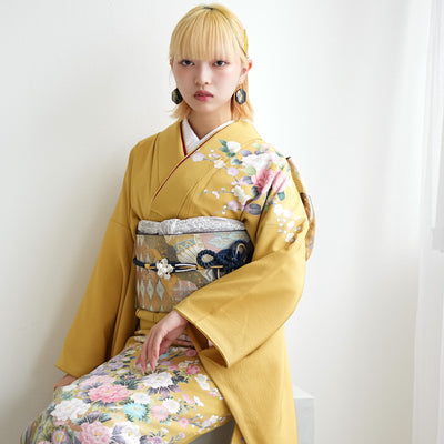 【レンタル】振袖 着物セット アンティーク正絹着物+正絹袋帯 成人式  晴れ着 記念撮影 往復送料無料 マスタードと若草ぼかし（1000617100）