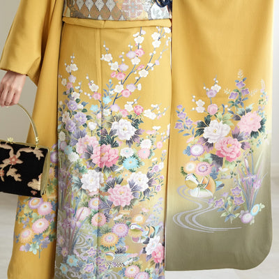 【レンタル】振袖 着物セット アンティーク正絹着物+正絹袋帯 成人式  晴れ着 記念撮影 往復送料無料 マスタードと若草ぼかし（1000617100）