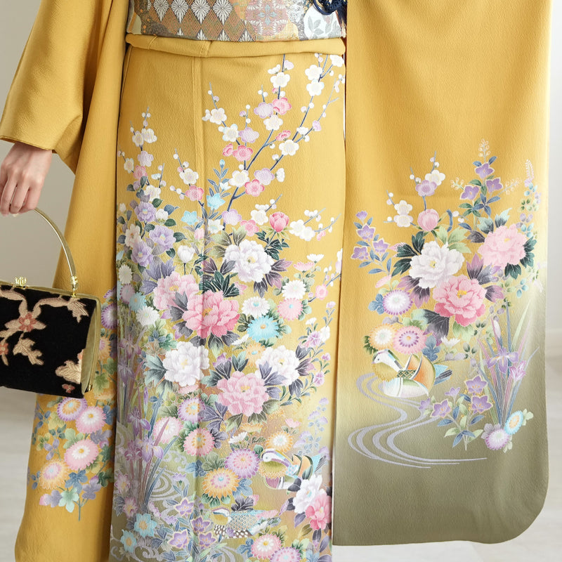 【レンタル】振袖 着物セット アンティーク正絹着物+正絹袋帯 成人式  晴れ着 記念撮影 往復送料無料 マスタードと若草ぼかし（1000617100）
