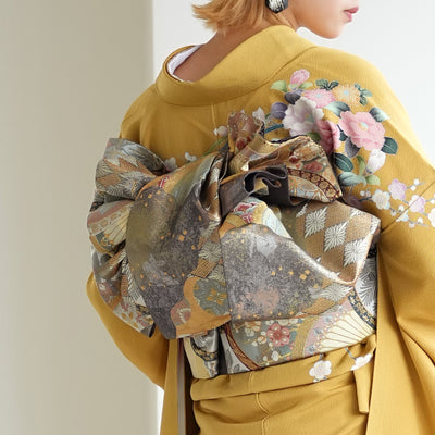 【レンタル】振袖 着物セット アンティーク正絹着物+正絹袋帯 成人式  晴れ着 記念撮影 往復送料無料 マスタードと若草ぼかし（1000617100）