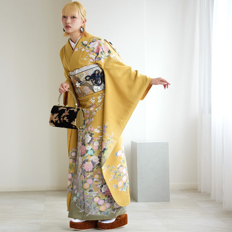 【レンタル】振袖 着物セット アンティーク正絹着物+正絹袋帯 成人式  晴れ着 記念撮影 往復送料無料 マスタードと若草ぼかし（1000617100）
