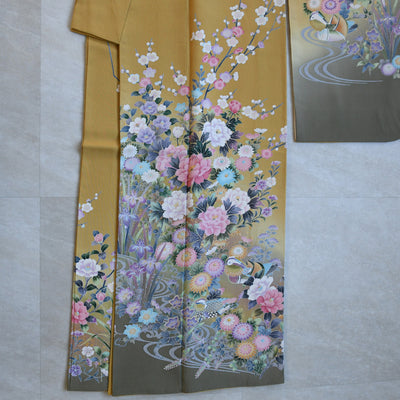 【レンタル】振袖 着物セット アンティーク正絹着物+正絹袋帯 成人式  晴れ着 記念撮影 往復送料無料 マスタードと若草ぼかし（1000617100）