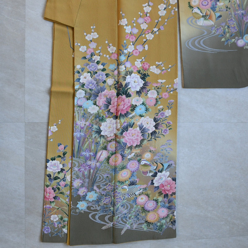 【レンタル】振袖 着物セット アンティーク正絹着物+正絹袋帯 成人式  晴れ着 記念撮影 往復送料無料 マスタードと若草ぼかし（1000617100）