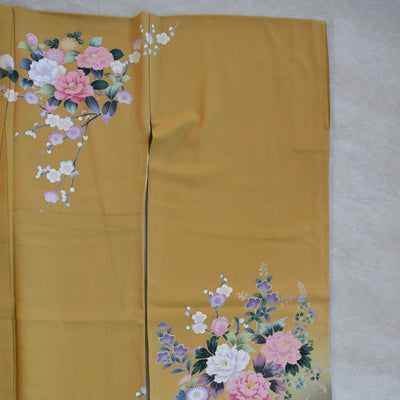 【レンタル】振袖 着物セット アンティーク正絹着物+正絹袋帯 成人式  晴れ着 記念撮影 往復送料無料 マスタードと若草ぼかし（1000617100）