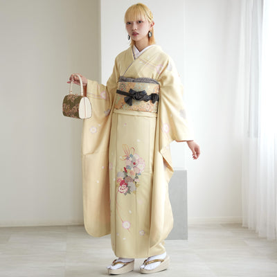 【レンタル】振袖 着物セット アンティーク正絹着物+正絹袋帯 成人式  晴れ着 記念撮影 往復送料無料 絵羽 たまごいろの花結び（1000617200）