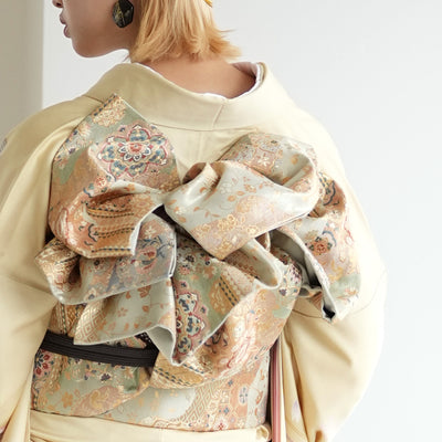 【レンタル】振袖 着物セット アンティーク正絹着物+正絹袋帯 成人式  晴れ着 記念撮影 往復送料無料 絵羽 たまごいろの花結び（1000617200）