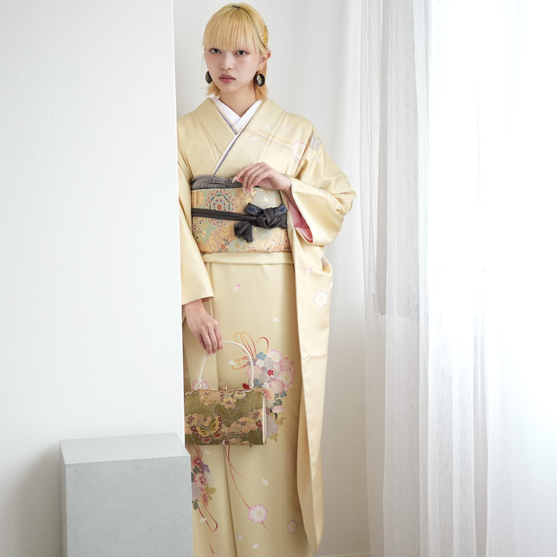 【レンタル】振袖 着物セット アンティーク正絹着物+正絹袋帯 成人式  晴れ着 記念撮影 往復送料無料 絵羽 たまごいろの花結び（1000617200）