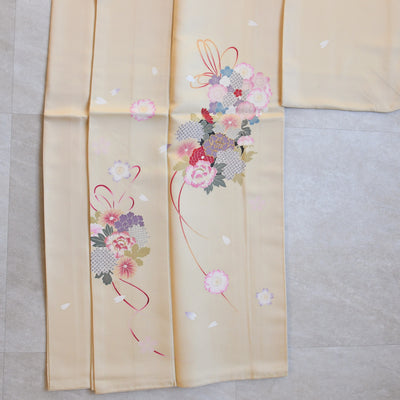 【レンタル】振袖 着物セット アンティーク正絹着物+正絹袋帯 成人式  晴れ着 記念撮影 往復送料無料 絵羽 たまごいろの花結び（1000617200）