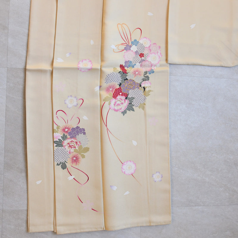 【レンタル】振袖 着物セット アンティーク正絹着物+正絹袋帯 成人式  晴れ着 記念撮影 往復送料無料 絵羽 たまごいろの花結び（1000617200）