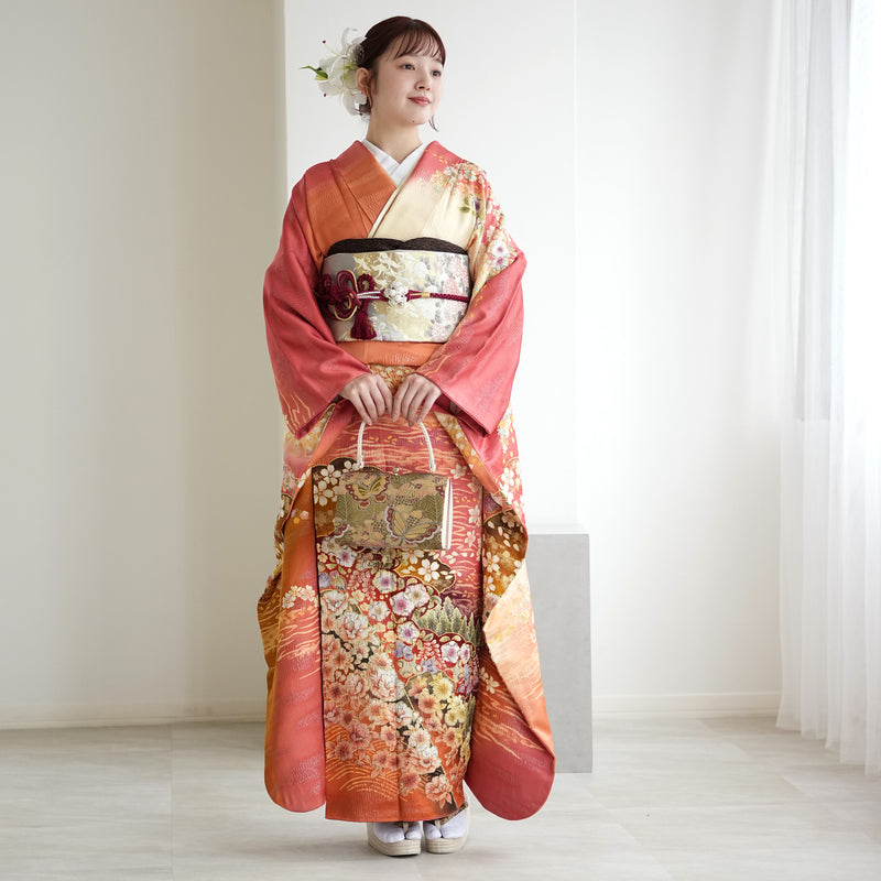【レンタル】振袖 着物セット アンティーク正絹着物+正絹袋帯 成人式  晴れ着 記念撮影 往復送料無料 絵羽 日の出色の古典柄（1000617400）