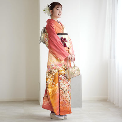 【レンタル】振袖 着物セット アンティーク正絹着物+正絹袋帯 成人式  晴れ着 記念撮影 往復送料無料 絵羽 日の出色の古典柄（1000617400）