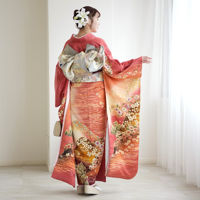 【レンタル】振袖 着物セット アンティーク正絹着物+正絹袋帯 成人式  晴れ着 記念撮影 往復送料無料 絵羽 日の出色の古典柄（1000617400）