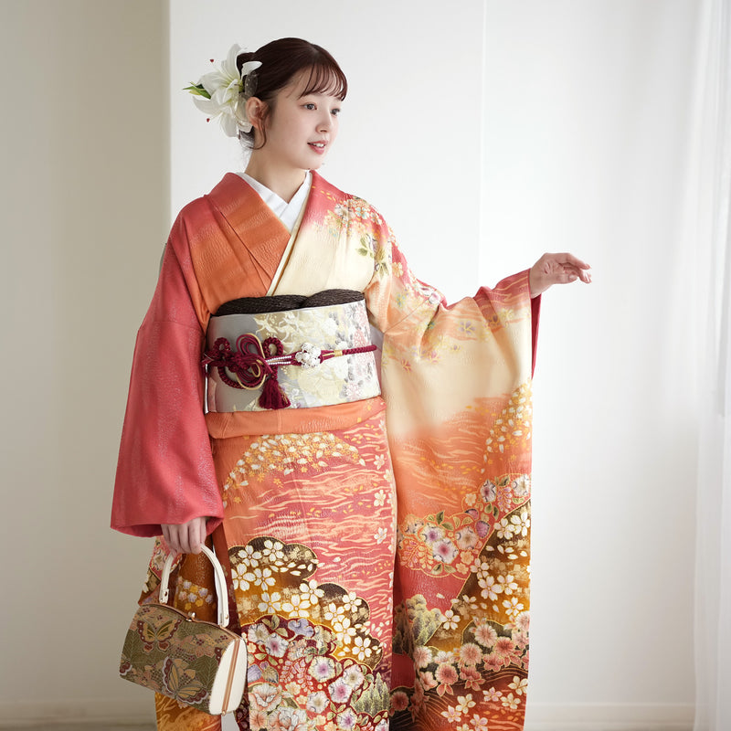 【レンタル】振袖 着物セット アンティーク正絹着物+正絹袋帯 成人式  晴れ着 記念撮影 往復送料無料 絵羽 日の出色の古典柄（1000617400）