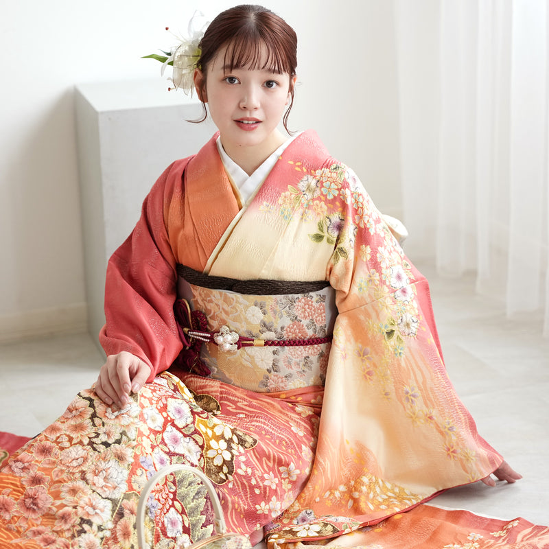 【レンタル】振袖 着物セット アンティーク正絹着物+正絹袋帯 成人式  晴れ着 記念撮影 往復送料無料 絵羽 日の出色の古典柄（1000617400）