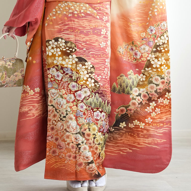 【レンタル】振袖 着物セット アンティーク正絹着物+正絹袋帯 成人式  晴れ着 記念撮影 往復送料無料 絵羽 日の出色の古典柄（1000617400）