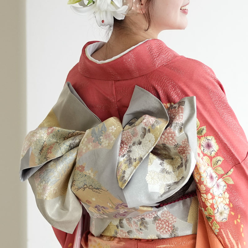 【レンタル】振袖 着物セット アンティーク正絹着物+正絹袋帯 成人式  晴れ着 記念撮影 往復送料無料 絵羽 日の出色の古典柄（1000617400）