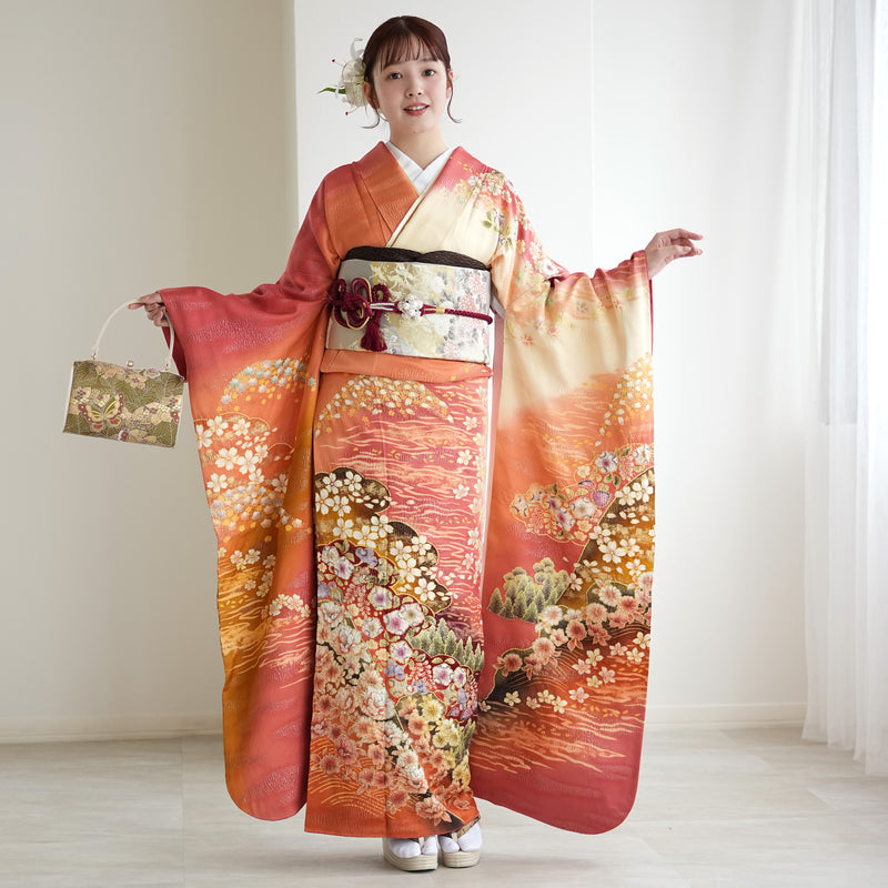 【レンタル】振袖 着物セット アンティーク正絹着物+正絹袋帯 成人式  晴れ着 記念撮影 往復送料無料 絵羽 日の出色の古典柄（1000617400）