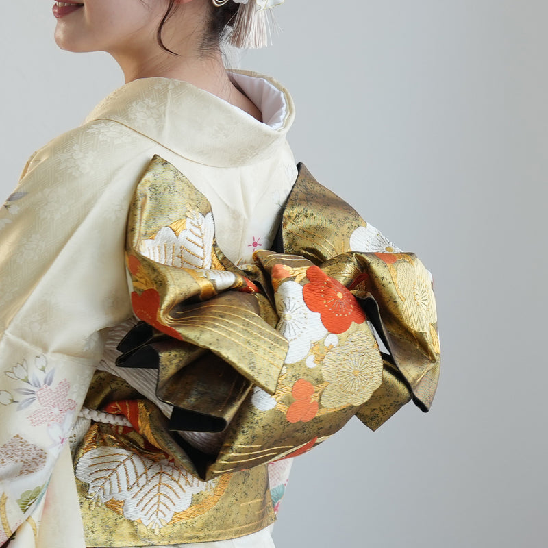 【レンタル】振袖 着物セット 正絹着物+正絹袋帯 成人式  晴れ着 記念撮影 往復送料無料 絵羽 クリームイエローの古典柄（1000617600）