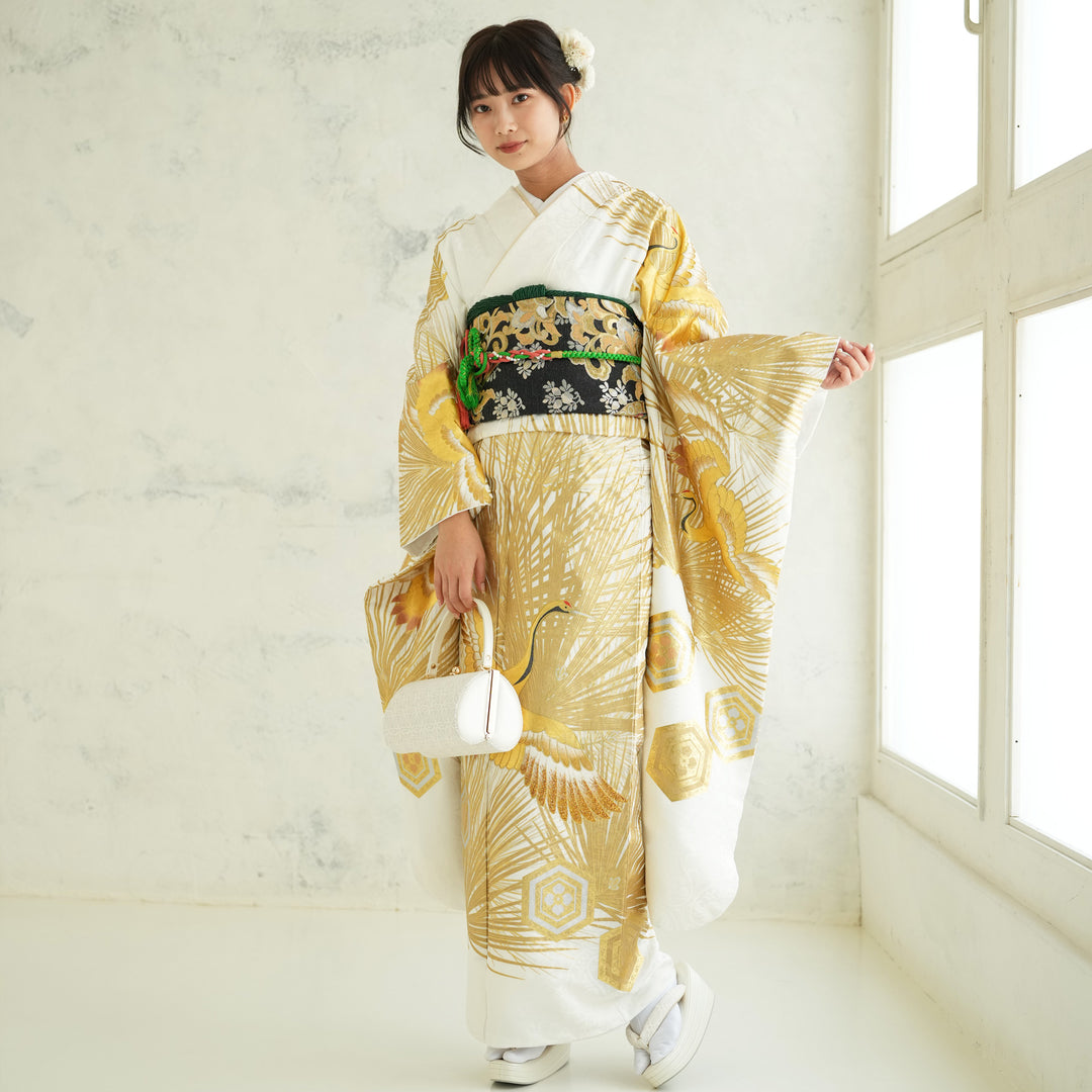 ポリエステル ブランド振袖 ジャパンスタイル 金彩 向かい鶴 身丈171cm ポリエステル ブランド振袖 ジャパンスタイル 金彩 向かい鶴