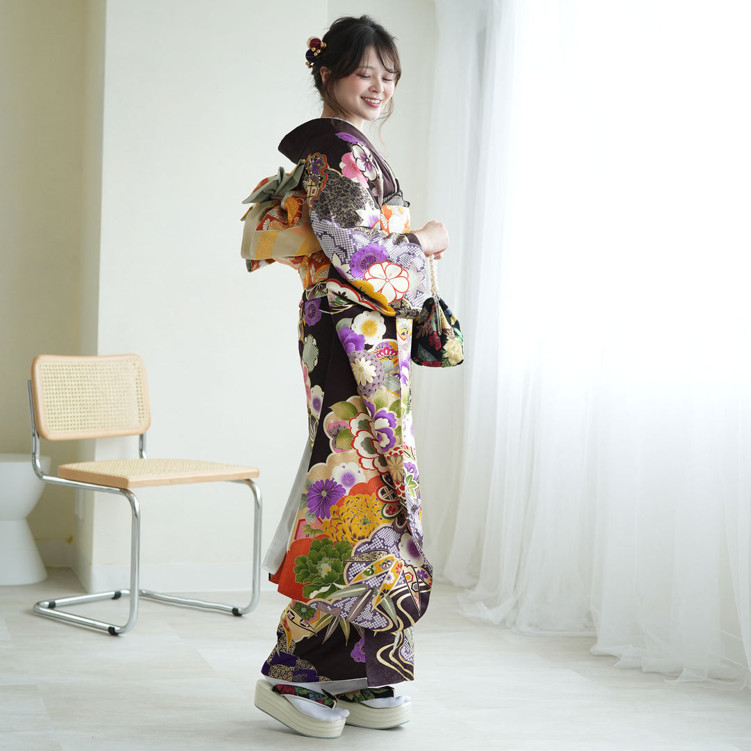 【着物と帯 時流】L25301◆正絹 振袖7点セット◆Sサイズ パープル 古典柄 着物と帯 時流】L25895t◇正絹 振袖7点◇必要な物全て揃うセット