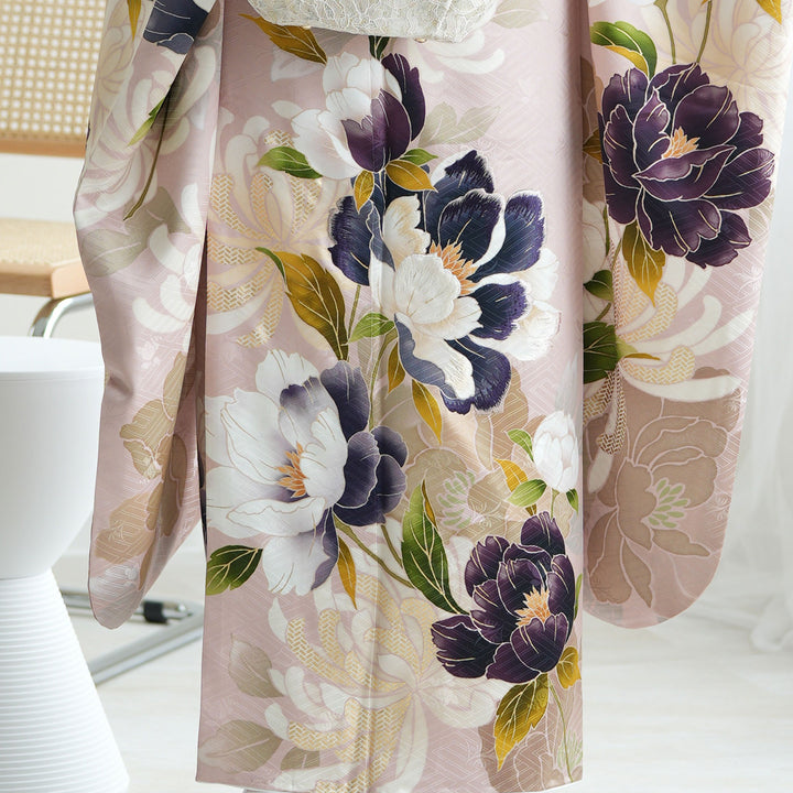 正絹誂えクリーム色にシックな紫の着物に袋帯セット 正絹誂えクリーム色にシックな紫の着物に袋帯セット 正絹誂え