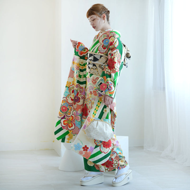 あ*ん様 M3607★着物淡雪★ 振袖セット★ 絞り振袖・袋帯2点セット【長襦袢 レンタル】振袖 着物セット 正絹着物+袋帯 成人式 晴れ着 往復