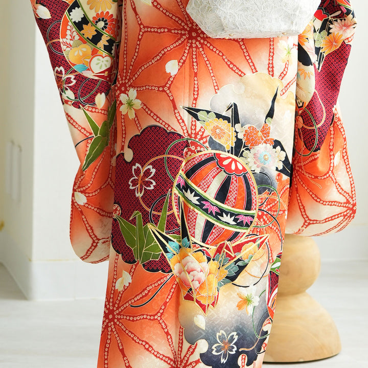 総絞り　正絹　オレンジ系の着物に黒の作り帯セット 総絞り 正絹 オレンジ系の着物に黒の作り帯セット