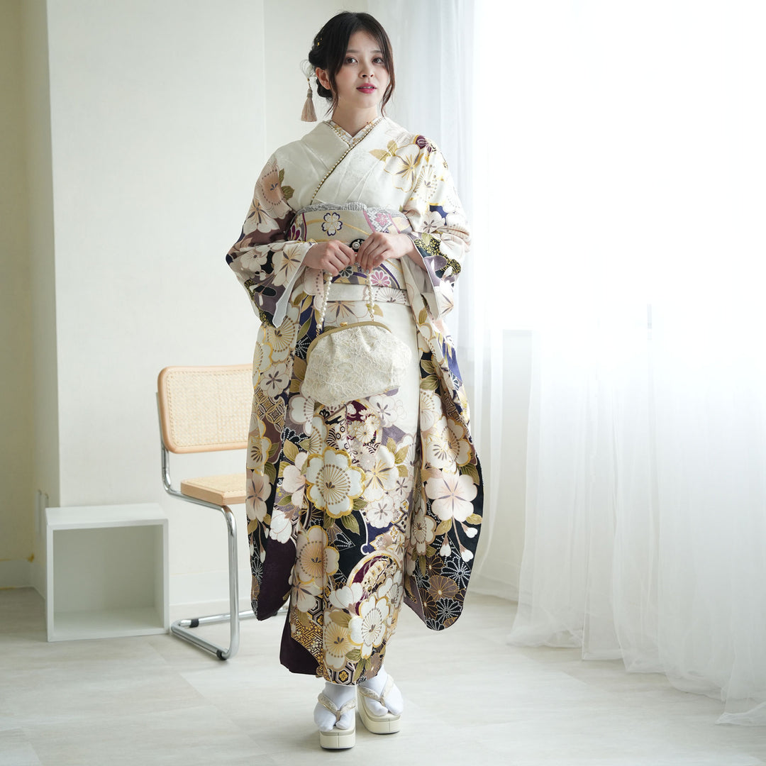 tatata　成人式　正絹豪華黒花振袖&袋帯等お得な6点セット 成人式 豪華黒振袖&袋帯等お得な6点セット
