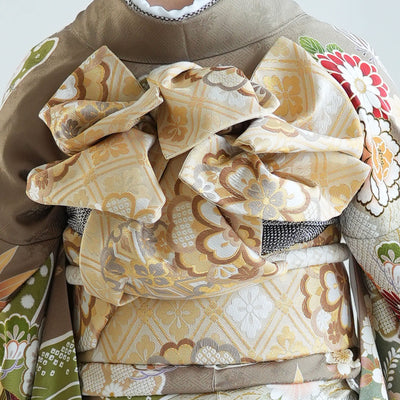 【レンタル】振袖 着物セット 正絹着物+袋帯 成人式 晴れ着 往復送料無料 茶鼠と草色の古典柄 （1000622900）