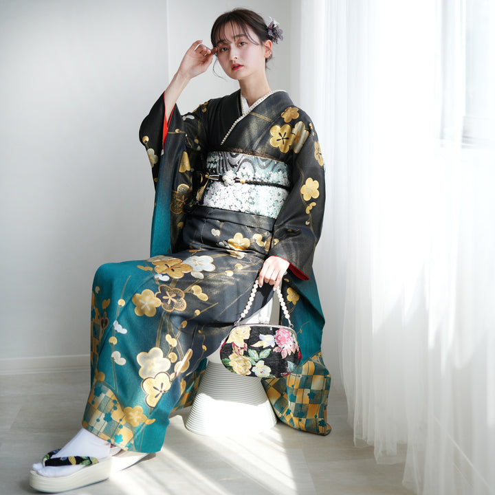 レンタル】 振袖 着物セット 正絹着物+正絹袋帯 21点セット 絵羽 成人