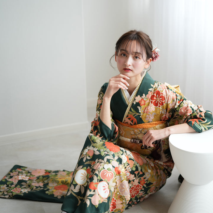 ゆめsaku 正絹 着物 振袖用“晴れの日も自分らしさをアピール”袋帯M-1 レンタル】 振袖 着物セット 正絹着物+正絹袋帯 21点セット 絵羽 成人