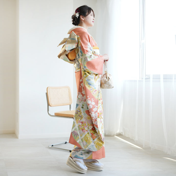 レンタル】 振袖 着物セット 正絹着物+正絹袋帯 21点セット 絵羽 成人