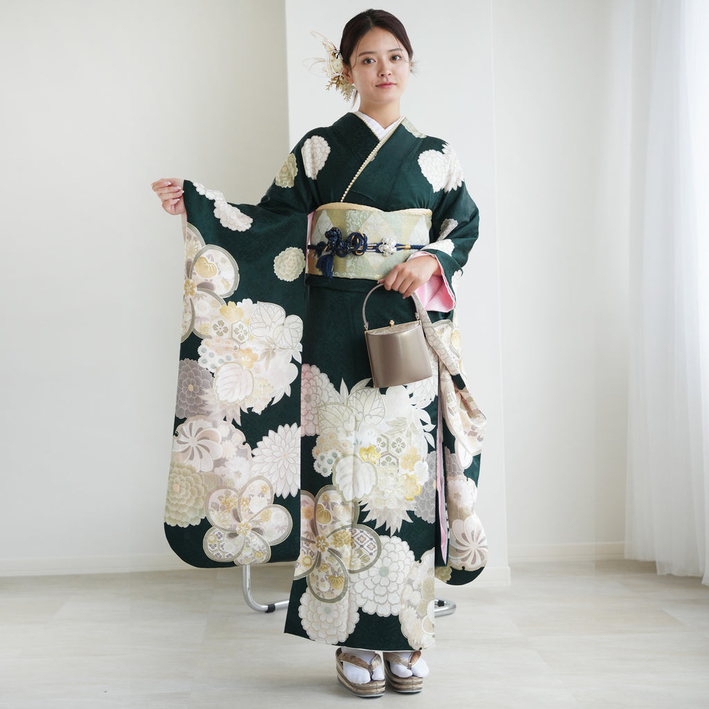 レンタル】 振袖 着物セット 正絹着物+正絹袋帯 21点セット 絵羽 深緑