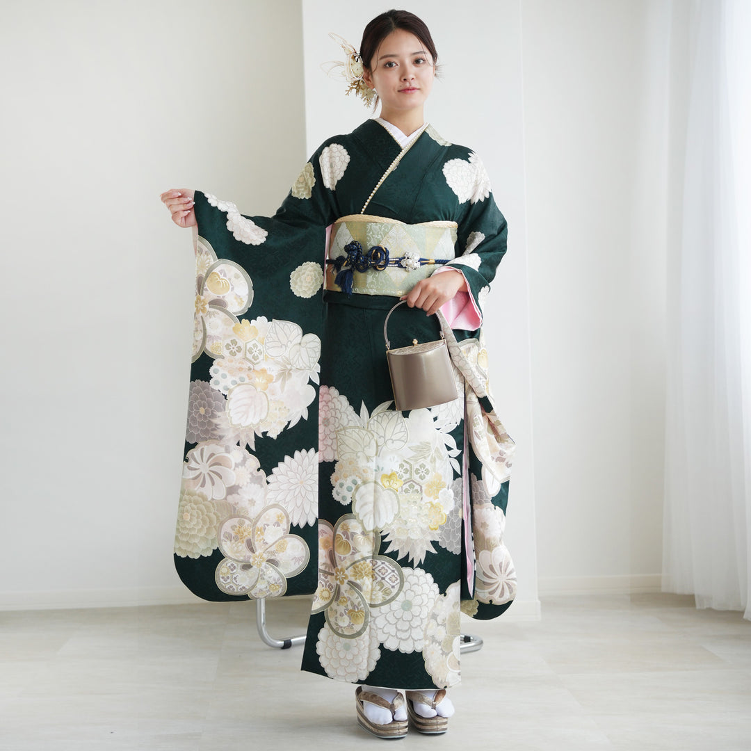 レンタル】 振袖 着物セット 正絹着物+正絹袋帯 21点セット 絵羽 深緑