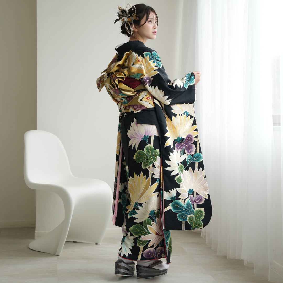 レンタル】 振袖 着物セット 正絹着物+正絹袋帯 21点セット 絵羽 黒地