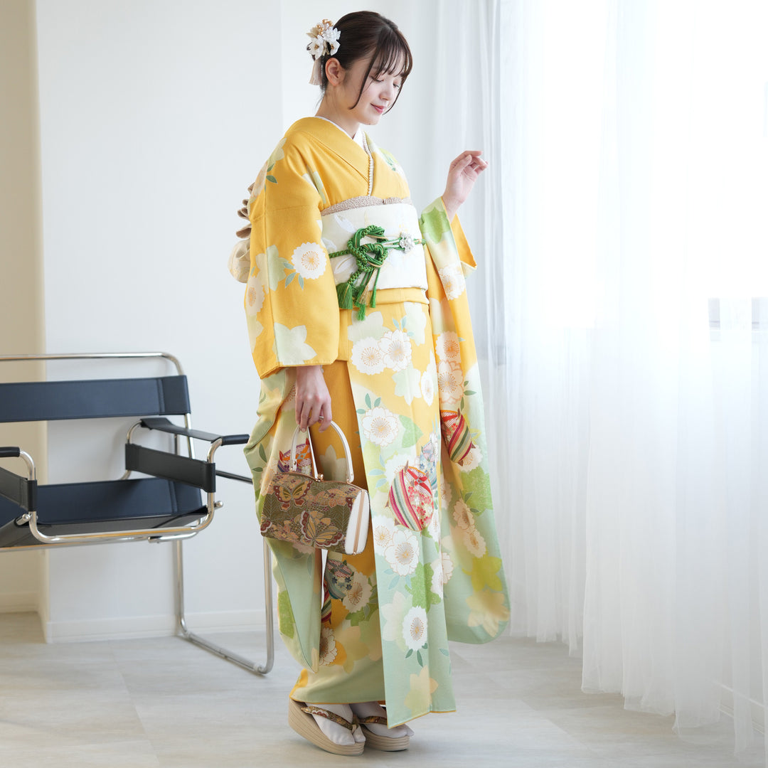 正絹クリーム色着物とイエロー系薔薇の花作り帯セット レンタル】 振袖 アンティーク正絹着物+袋帯 21点セット 絵羽 レトロ