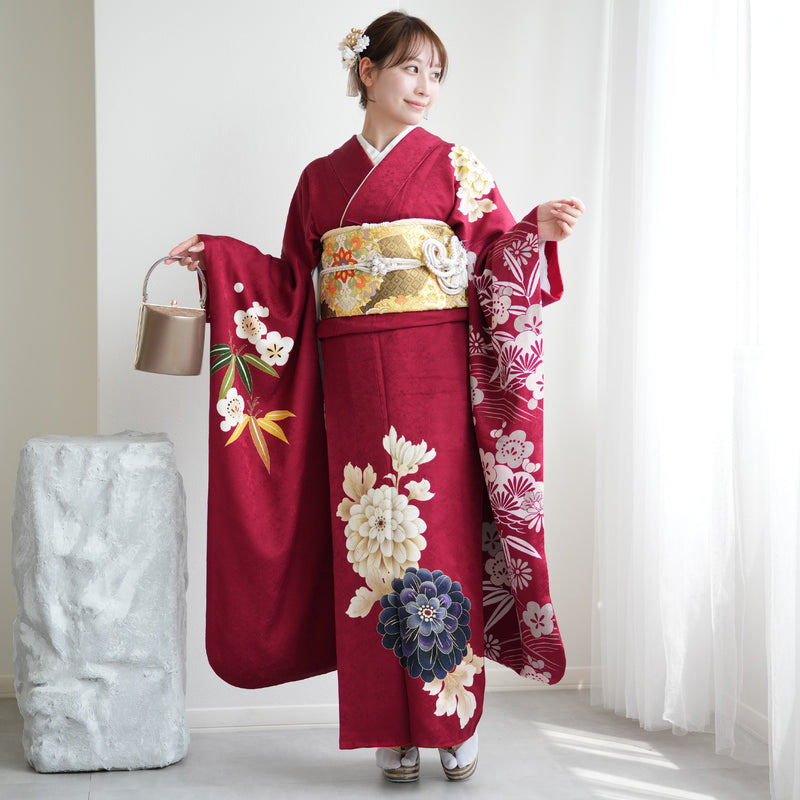 【レンタル】振袖 正絹着物+袋帯 21点セット 絵羽 深紅に大きな古典菊（1000625400）