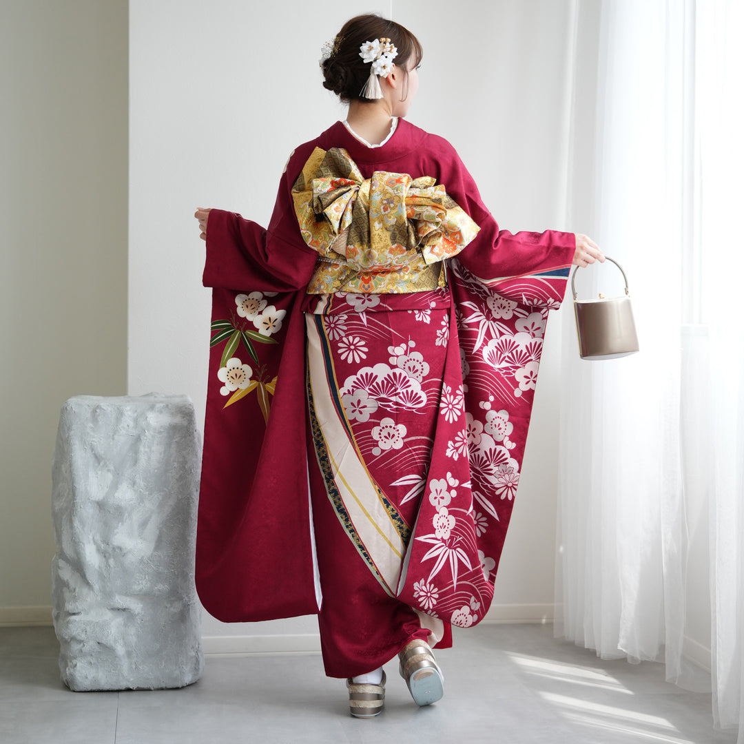 レンタル】振袖 正絹着物+袋帯 21点セット 絵羽 深紅に大きな