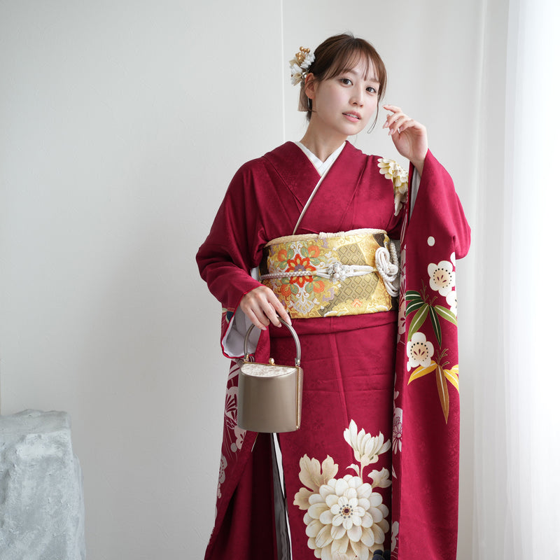 【レンタル】振袖 正絹着物+袋帯 21点セット 絵羽 深紅に大きな古典菊（1000625400）