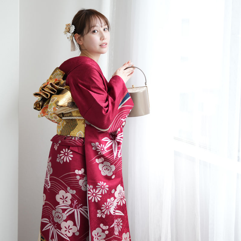 【レンタル】振袖 正絹着物+袋帯 21点セット 絵羽 深紅に大きな古典菊（1000625400）