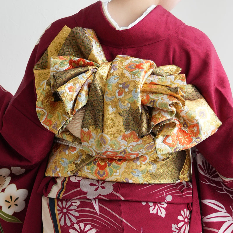 【レンタル】振袖 正絹着物+袋帯 21点セット 絵羽 深紅に大きな古典菊（1000625400）