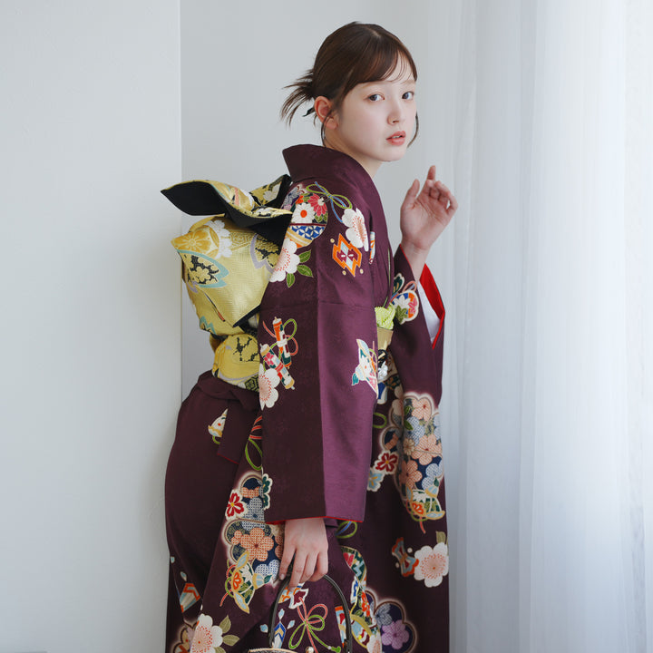 レンタル】振袖 正絹着物+袋帯 21点セット 絵羽 ボルドーに古典花結び