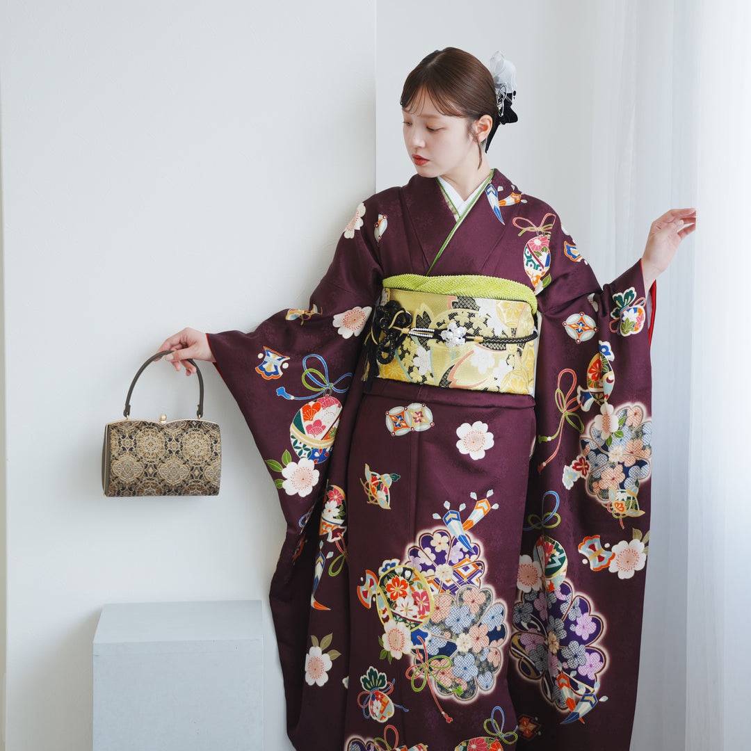 レンタル】振袖 正絹着物+袋帯 21点セット 絵羽 ボルドーに古典