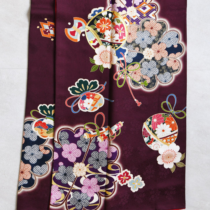レンタル】振袖 正絹着物+袋帯 21点セット 絵羽 ボルドーに古典花結び