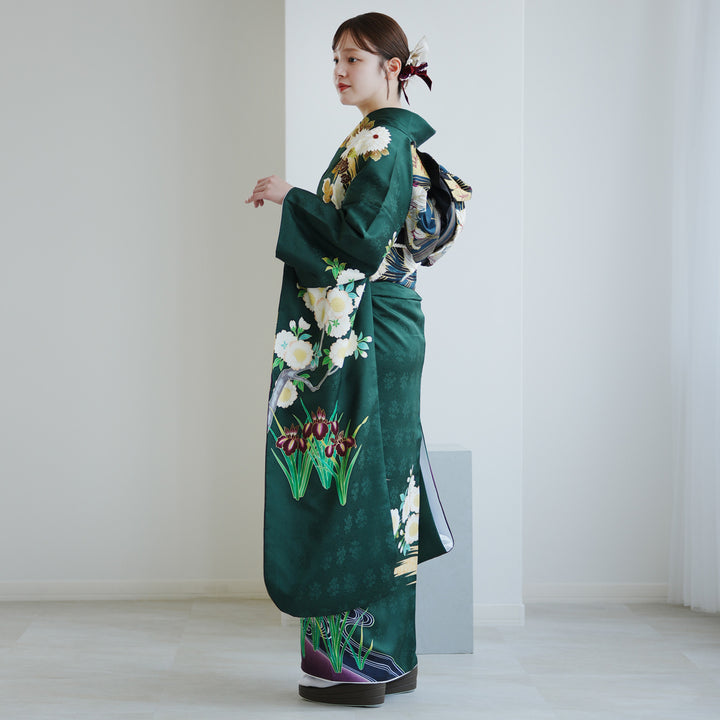 辻ヶ花に蝶々模様 金彩 縮緬 青緑 黒 袷 正絹 振袖・襦袢セット 31 辻ヶ花に蝶々模様 金彩 縮緬 青緑 黒 袷 正絹 振袖・襦袢セット 31