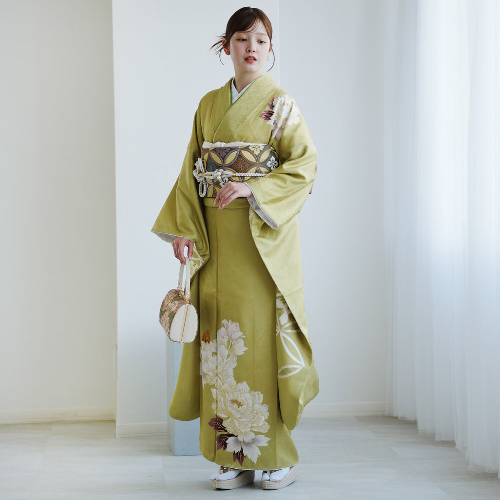 レンタル】振袖 正絹着物+袋帯 21点セット 絵羽 ピスタチオグリーンに