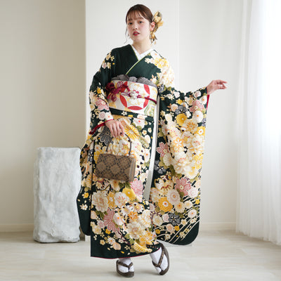 【レンタル】振袖 正絹着物+袋帯 21点セット 絵羽 深緑に古典花霞（1000626100）