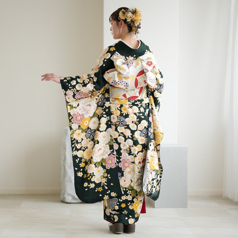 【レンタル】振袖 正絹着物+袋帯 21点セット 絵羽 深緑に古典花霞（1000626100）